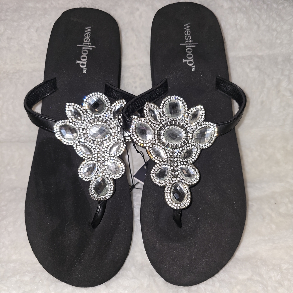 West Loop Black Sandals with Crystal Embellishments